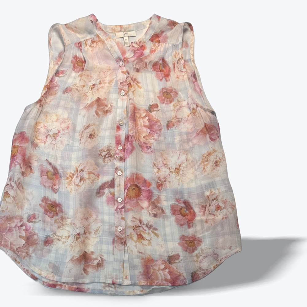 Joie Silk Sleeveless Blouse Floral Plaid Button Down Flowy Top Pink Blue XS